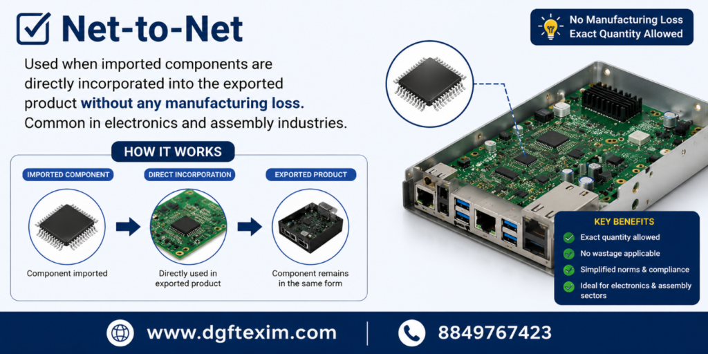 Net-to-Net infographic showing direct incorporation of imported components into exported products without manufacturing loss.