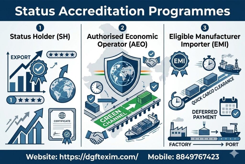 Status Holder (SH): Focuses on export growth, featuring upward-trending bar charts, a globe with a rising arrow, and a certified status badge.