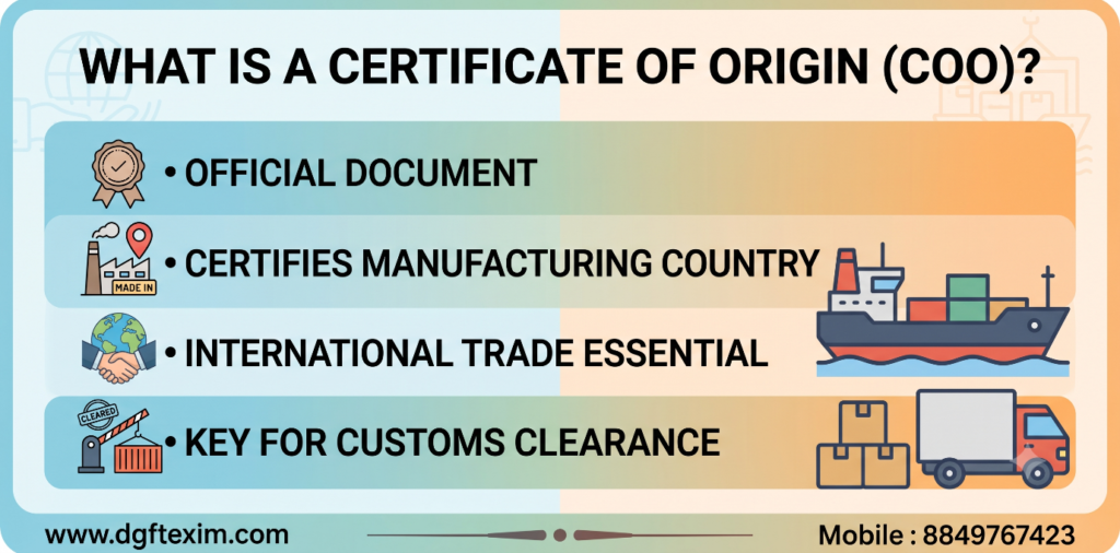 Certificate of Origin (COO) explanation image showing it as an official document that certifies the manufacturing country, supports international trade, and helps in customs clearance.