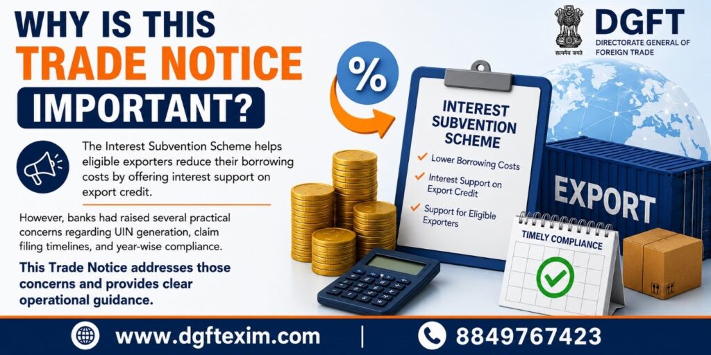 DGFT Interest Subvention Scheme trade notice explaining how the scheme reduces export credit borrowing costs and provides operational guidance for eligible exporters.