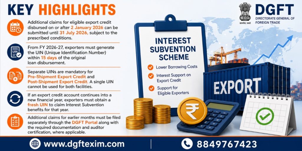DGFT Trade Notice key highlights for the Interest Subvention Scheme covering claim deadlines, UIN generation, pre-shipment and post-shipment export credit requirements, and compliance for exporters.