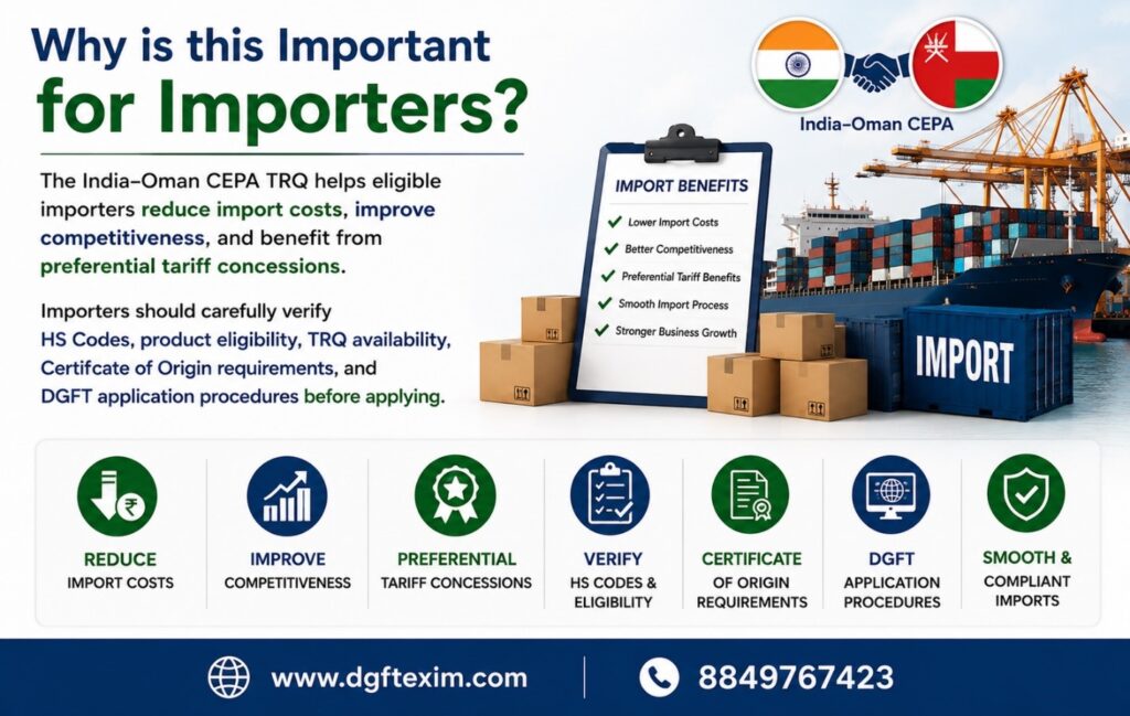 "Infographic explaining why the India–Oman CEPA Tariff Rate Quota (TRQ) is important for importers, highlighting benefits such as reduced import costs, improved competitiveness, preferential tariff concessions, HS code and product eligibility verification, Certificate of Origin requirements, DGFT application procedures, and smooth, compliant imports."