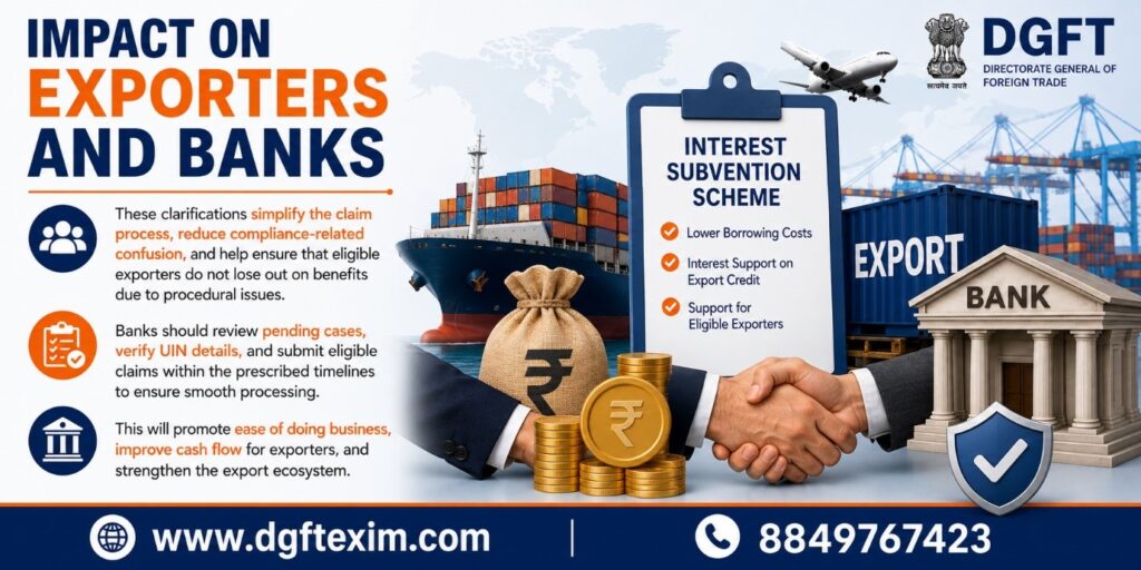DGFT Trade Notice explaining the impact of the Interest Subvention Scheme on exporters and banks by simplifying export credit claims, improving compliance, and supporting smoother processing.