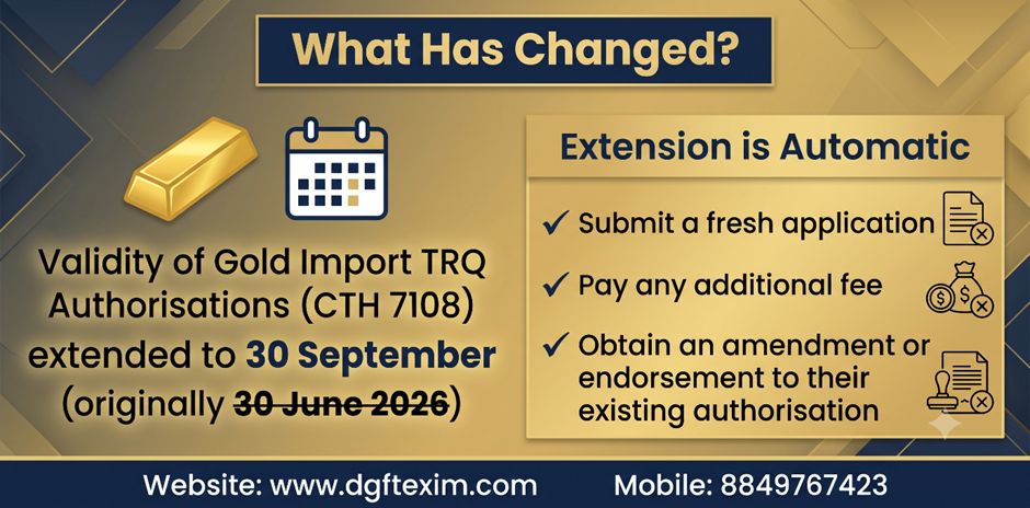 "Infographic explaining the DGFT update extending the validity of Gold Import TRQ Authorisations (CTH 7108) under the India-UAE CEPA from 30 June 2026 to 30 September 2026. The extension is automatic, requiring no fresh application, additional fee, or amendment.
