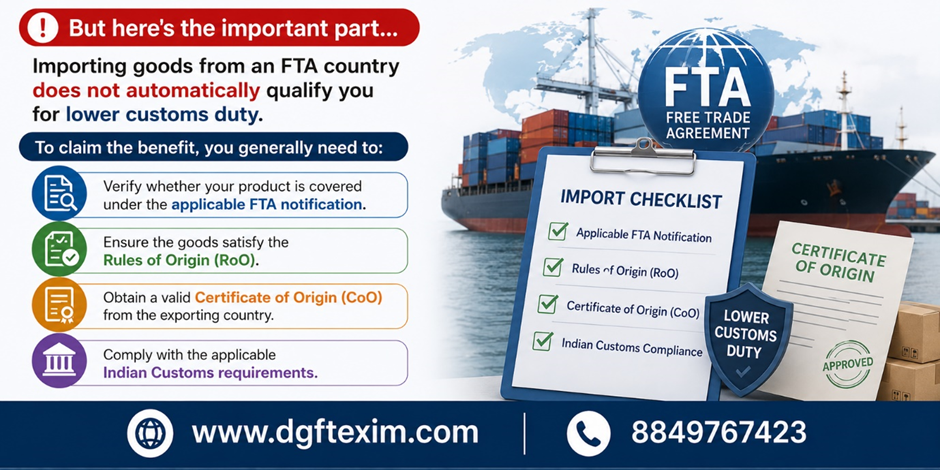 "Infographic explaining that importing goods from an FTA country does not automatically qualify for lower customs duty. It highlights the key requirements for claiming Free Trade Agreement (FTA) benefits, including checking the applicable FTA notification, complying with Rules of Origin (RoO), obtaining a valid Certificate of Origin (CoO), and meeting Indian Customs requirements for preferential customs duty."