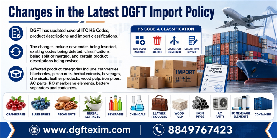DGFT Import Policy update infographic explaining changes in ITC HS Codes, including new codes, deleted codes, revised product descriptions and classifications for products such as cranberries, blueberries, pecan nuts, chemicals, leather products, iron pipes, AC parts, RO membrane elements and containers.