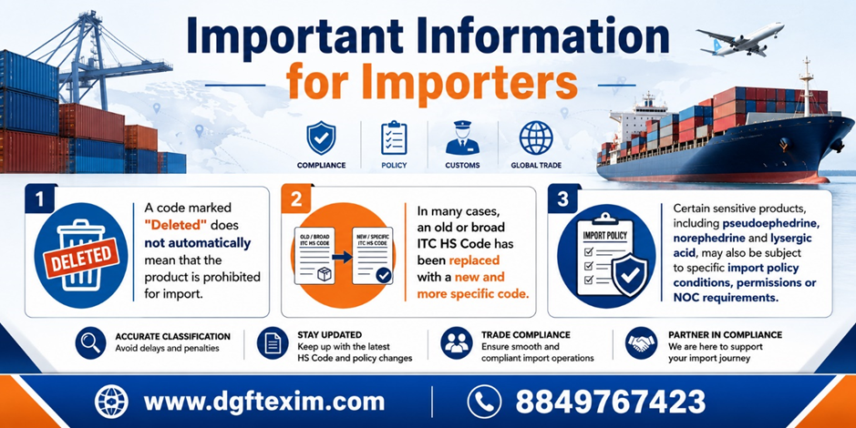 Important information for importers explaining that a “Deleted” ITC HS Code does not necessarily mean an import is prohibited, as old codes may be replaced by new specific codes, while sensitive products such as pseudoephedrine, norephedrine and lysergic acid may require specific import conditions, permissions or NOCs.