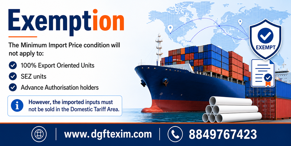 Infographic explaining exemptions from the Minimum Import Price condition for S-PVC imports. The exemption applies to 100% Export Oriented Units, SEZ units, and Advance Authorisation holders, provided the imported inputs are not sold in the Domestic Tariff Area.