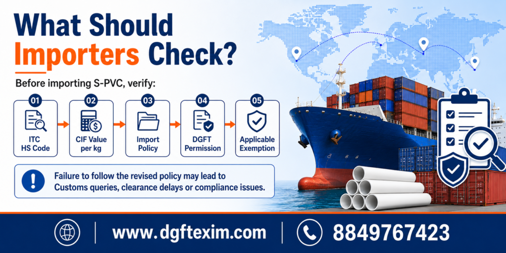 Infographic showing the key checks importers should complete before importing S-PVC: verify the ITC HS Code, CIF value per kilogram, import policy, DGFT permission, and applicable exemption. Non-compliance may result in Customs queries, clearance delays, or other compliance issues.