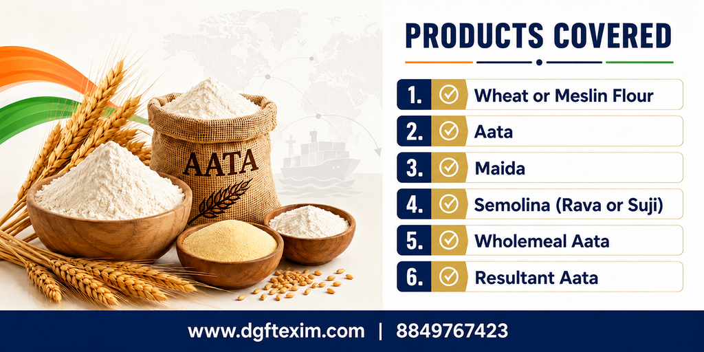 Wheat and flour products covered under the export policy update, including wheat or meslin flour, aata, maida, semolina, wholemeal aata and resultant aata.