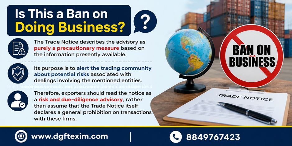 Trade Notice advisory explaining that the notice is a precautionary risk and due-diligence advisory, not a general ban on doing business with the mentioned firms.
