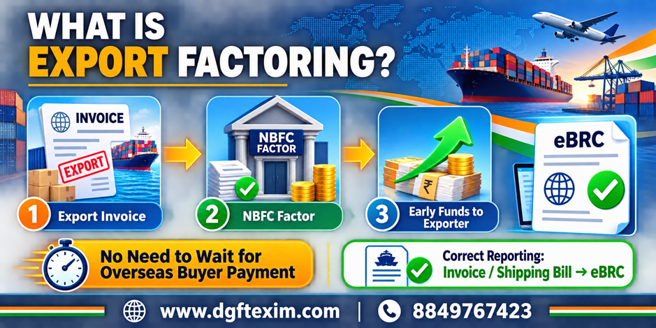 Export factoring process showing export invoice, NBFC factor, early funds to exporter, and eBRC reporting.