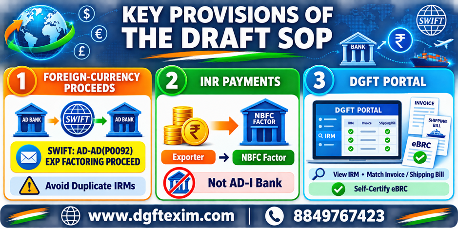 Key provisions of the draft SOP for export factoring, covering foreign-currency proceeds, INR payments through NBFC factors, DGFT portal processes, IRM matching, and self-certified eBRC.