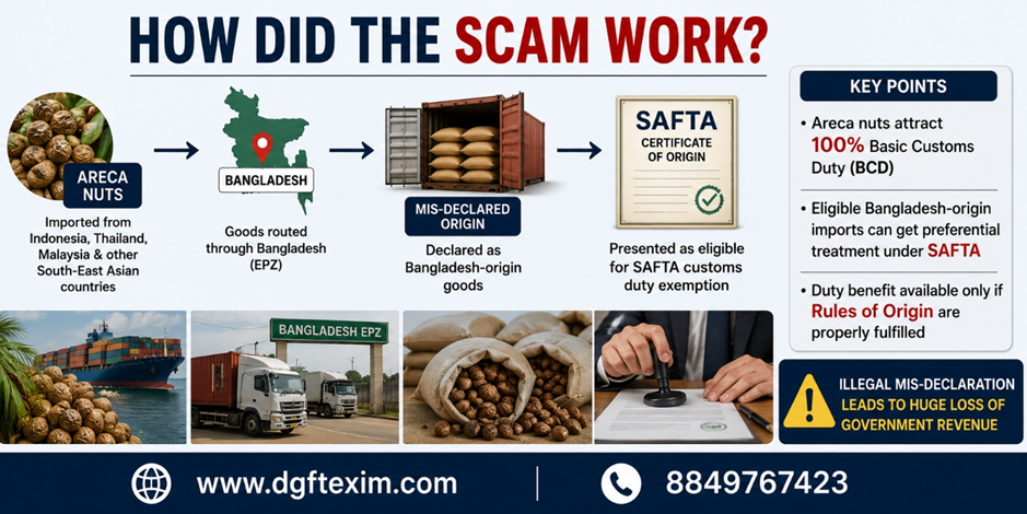 Infographic explaining an alleged areca nut import scam involving goods routed through Bangladesh, misdeclared as Bangladeshi origin and presented for SAFTA duty exemption.