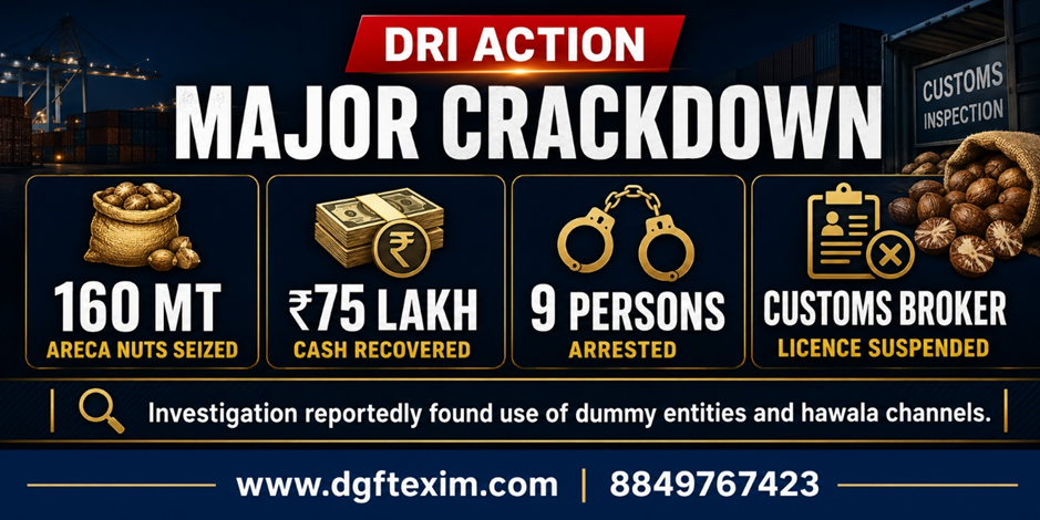 DRI crackdown infographic showing seizure of 160 MT of areca nuts, recovery of ₹75 lakh cash, arrest of nine persons and suspension of a Customs Broker’s licence.