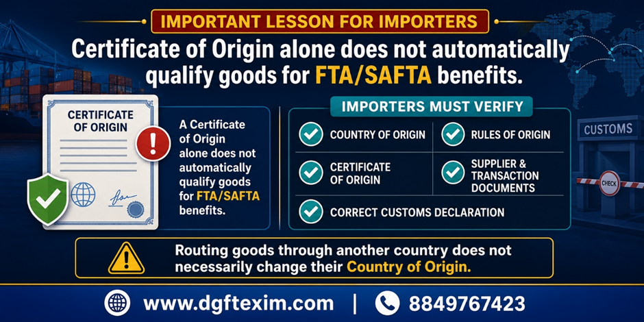 Importer compliance infographic explaining that a Certificate of Origin alone does not guarantee FTA/SAFTA benefits and importers must verify the Rules of Origin and Customs documents.