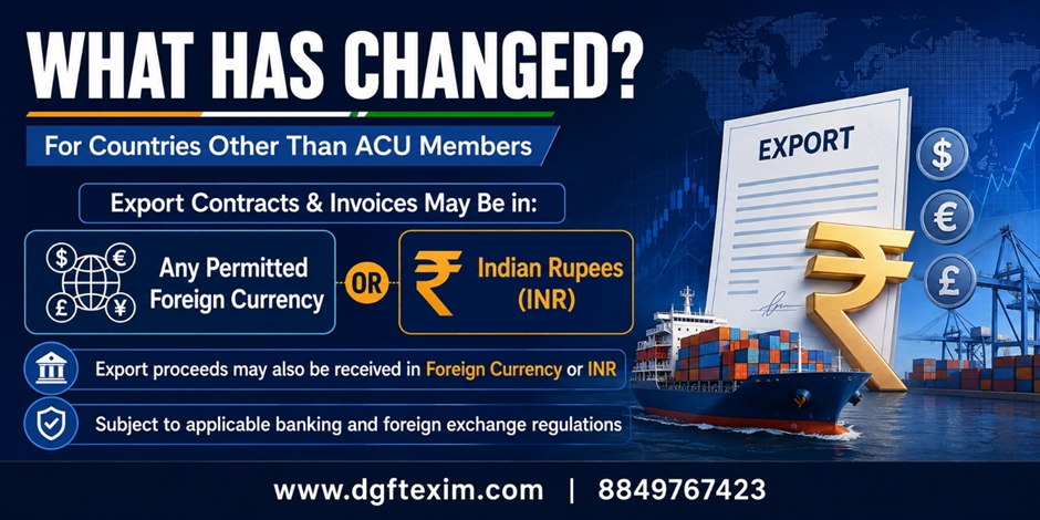 Infographic explaining that export contracts, invoices, and proceeds for non-ACU countries may be in permitted foreign currency or Indian Rupees (INR), subject to applicable banking and foreign exchange regulations.