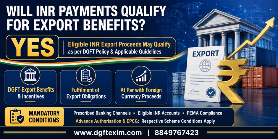 Infographic confirming that eligible INR export proceeds may qualify for DGFT export benefits and fulfilment of export obligations when received through prescribed banking channels and eligible INR accounts, subject to FEMA and scheme-specific conditions.