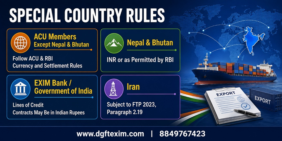 Infographic outlining special export-payment rules for ACU members, Nepal and Bhutan, EXIM Bank or Government of India Lines of Credit, and Iran under RBI regulations and FTP 2023.