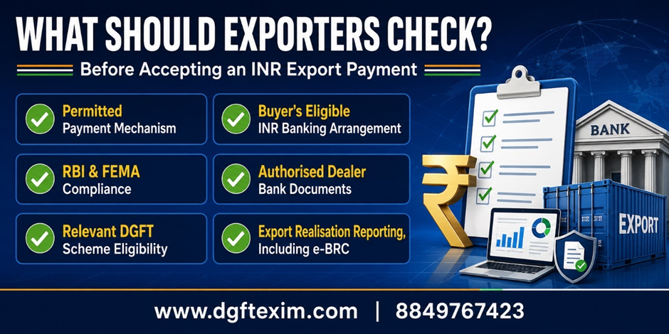 Infographic checklist for exporters before accepting INR payments, covering permitted payment mechanisms, the buyer’s eligible INR banking arrangement, RBI and FEMA compliance, authorised dealer bank documents, DGFT scheme eligibility, and export-realisation reporting, including e-BRC.