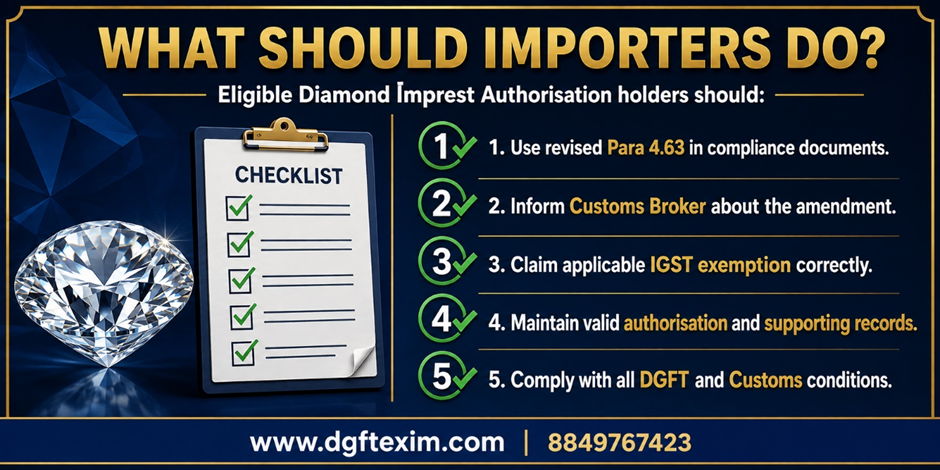 Checklist for Diamond Imprest Authorisation holders covering revised Para 4.63, Customs Broker notification, correct IGST exemption claim, valid records, and DGFT and Customs compliance.