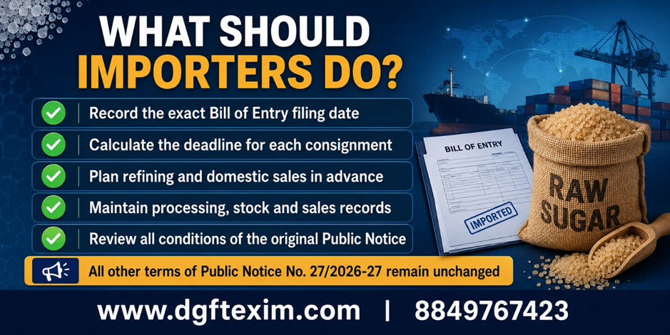 Raw sugar import compliance checklist advising importers to record the Bill of Entry filing date, calculate deadlines for each consignment, plan refining and domestic sales, maintain records, and review all Public Notice conditions.