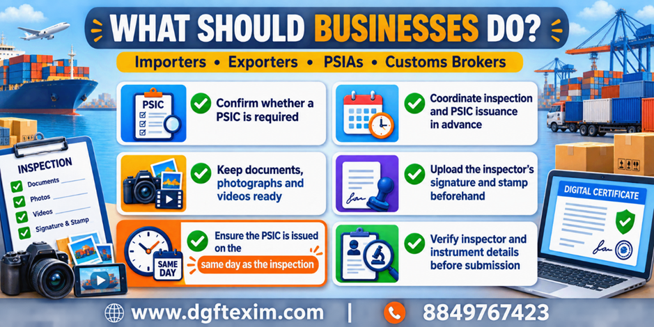 Infographic checklist for importers, exporters, PSIAs and Customs Brokers covering PSIC requirements, advance inspection planning, document readiness, inspector signature upload, same-day PSIC issuance, and verification of inspector and instrument details.
