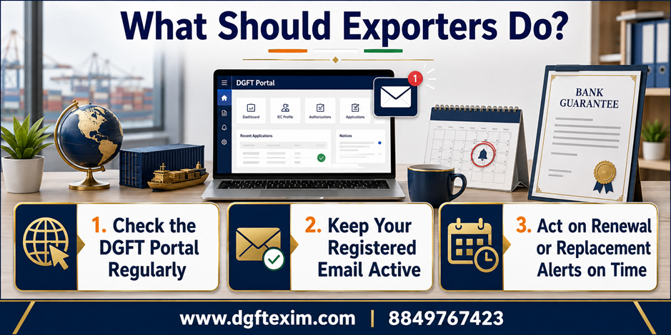 Infographic advising exporters to regularly check the DGFT Portal, keep their registered email active, and respond promptly to Bank Guarantee renewal or replacement alerts.