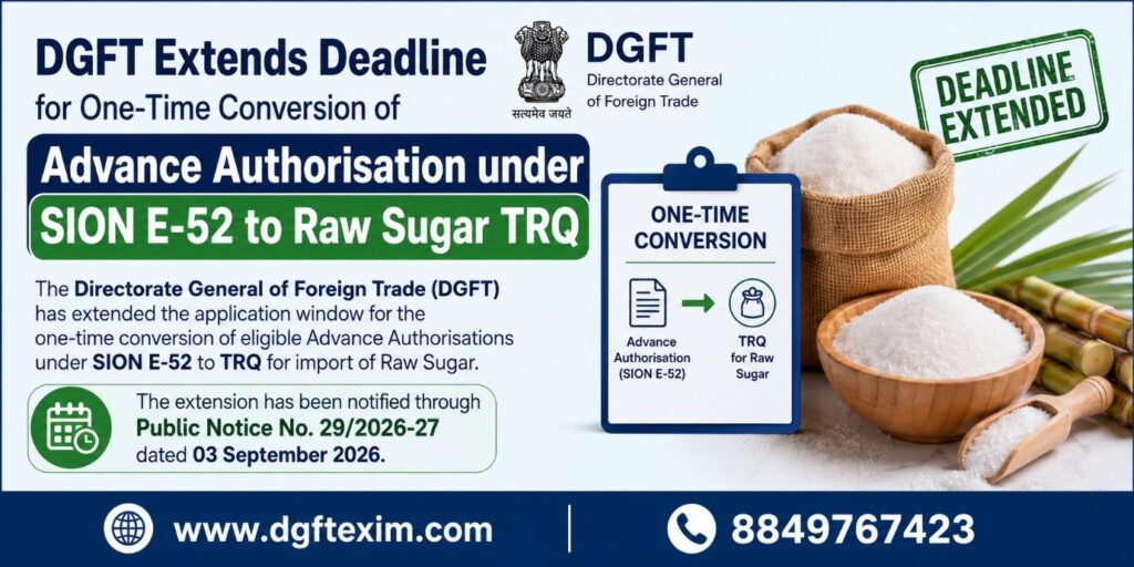 DGFT Extends Deadline for One-Time Conversion of Advance Authorisation under SION E-52 to Raw Sugar TRQ