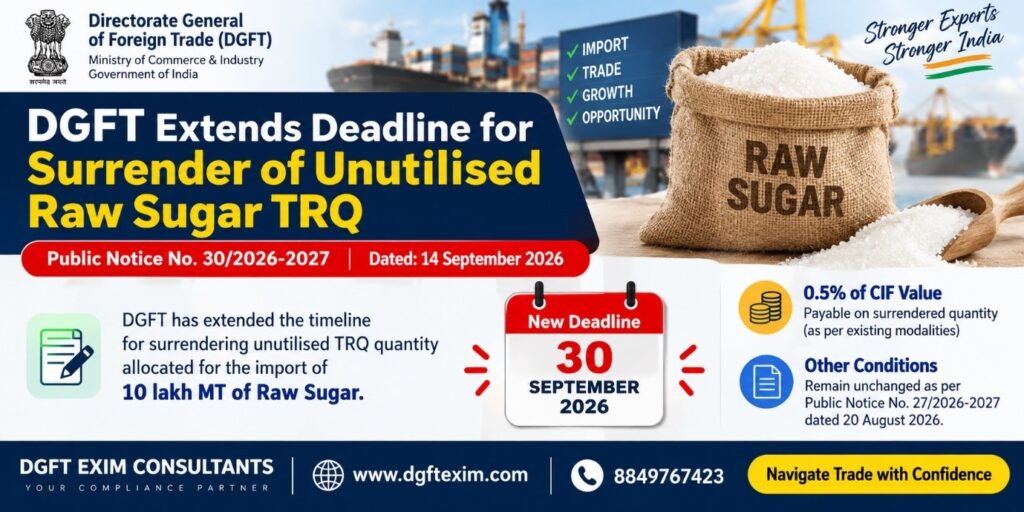 DGFT Extends Deadline for Surrender of Unutilised Raw Sugar TRQ – Public Notice No. 30/2026-2027