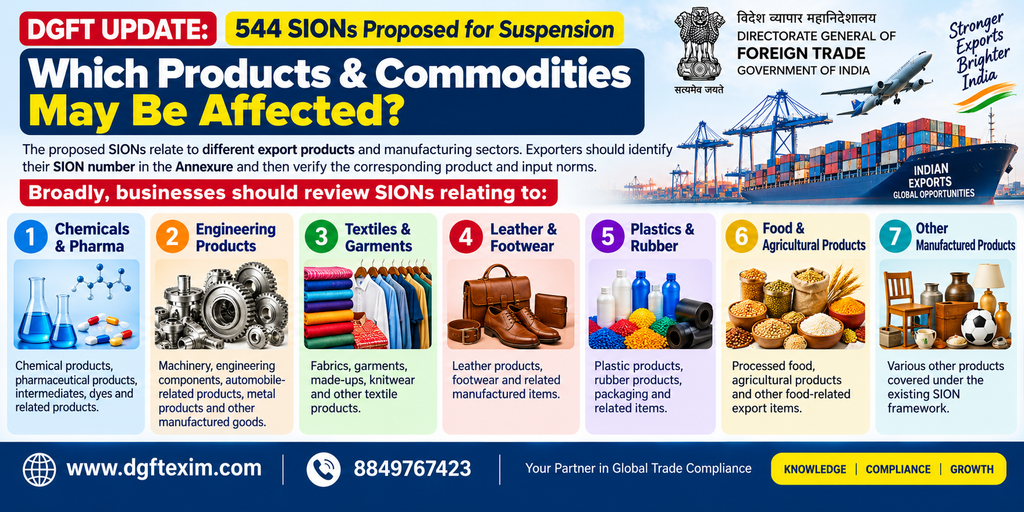 DGFT infographic on 544 SIONs proposed for suspension, highlighting potentially affected export sectors including Chemicals & Pharma, Engineering Products, Textiles & Garments, Leather & Footwear, Plastics & Rubber, Food & Agricultural Products, and Other Manufactured Products. Exporters are advised to verify their SION numbers against the DGFT Annexure.
