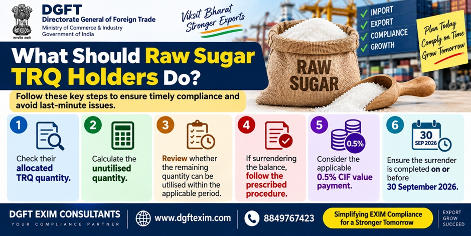 DGFT guidance for Raw Sugar TRQ holders: check allocated and unutilised quantities, review utilisation options, follow the surrender procedure, consider the 0.5% CIF value payment, and complete surrender on or before 30 September 2026.