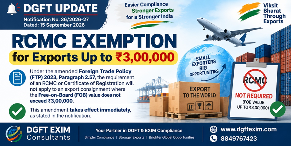 DGFT Notification No. 36/2026-27 dated 15 September 2026 announces RCMC exemption for export consignments up to ₹3,00,000 FOB under amended FTP 2023, Paragraph 2.57. The infographic highlights simplified compliance for small exporters, with DGFT EXIM Consultants branding, website www.dgftexim.com, and contact number 8849767423.