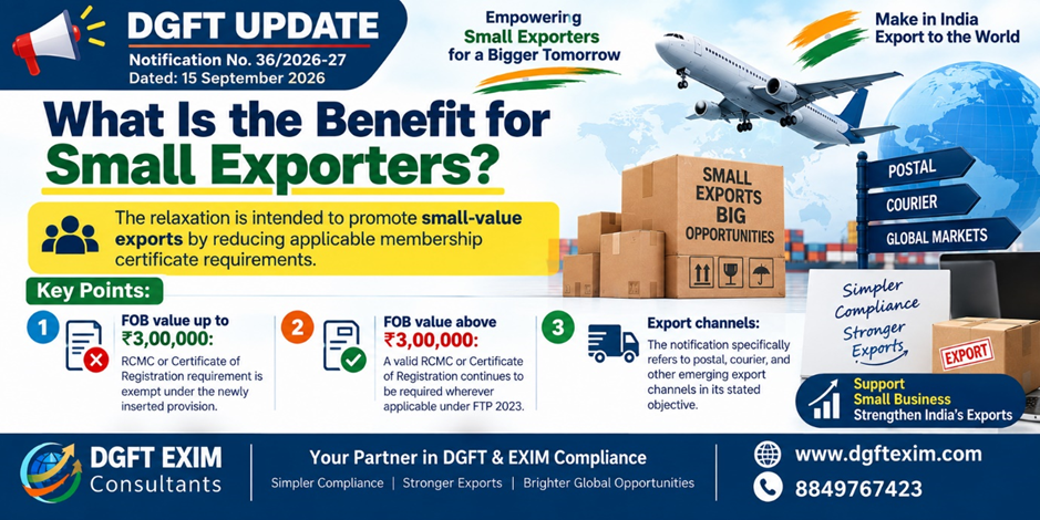 DGFT Notification No. 36/2026-27 dated 15 September 2026 explains the benefits for small exporters. The infographic highlights RCMC exemption for FOB exports up to ₹3,00,000, continued RCMC requirements above ₹3,00,000 wherever applicable, and support for postal, courier, and emerging export channels.