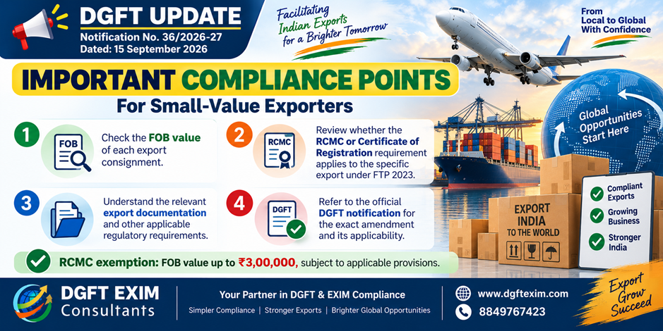 DGFT Update infographic highlighting important compliance points for small-value exporters under Notification No. 36/2026-27 dated 15 September 2026. Covers checking FOB value, reviewing RCMC or Certificate of Registration requirements under FTP 2023, understanding export documentation, and referring to the official DGFT notification. Highlights RCMC exemption for FOB exports up to ₹3,00,000, subject to applicable provisions. Includes export logistics visuals.