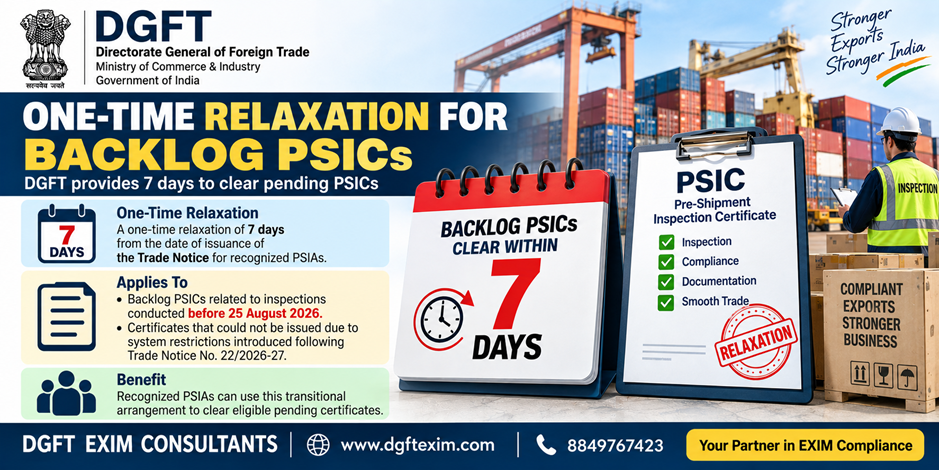 DGFT Trade Notice No. 28/2026-27 announces a one-time 7-day relaxation for backlog PSICs. The infographic explains that the relaxation applies to eligible certificates related to inspections conducted before 25 August 2026, which could not be issued due to system restrictions. It features shipping containers, a PSIC certificate, and a calendar highlighting the 7-day relaxation period.