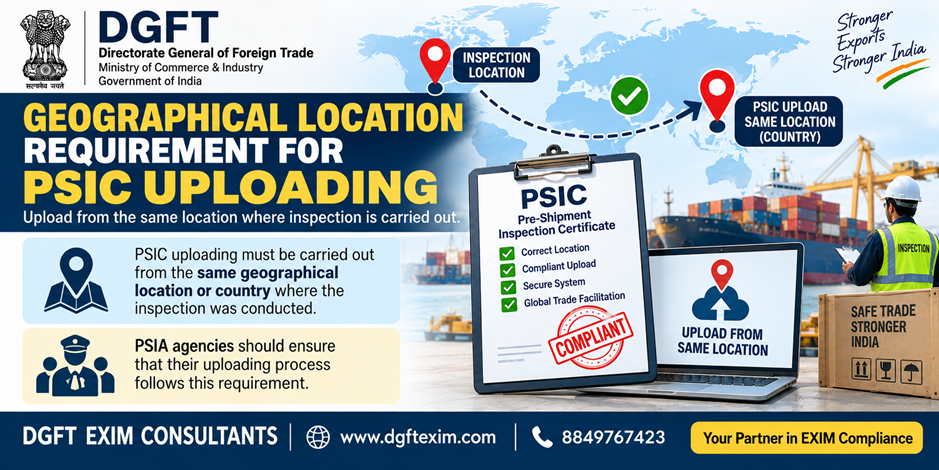 DGFT Trade Notice No. 28/2026-27 highlights the geographical location requirement for PSIC uploading. The infographic explains that PSIC uploading must be completed from the same geographical location or country where the inspection was conducted. It features a world map with location pins, a PSIC certificate checklist, a laptop showing the upload process, shipping containers, and an inspection professional.