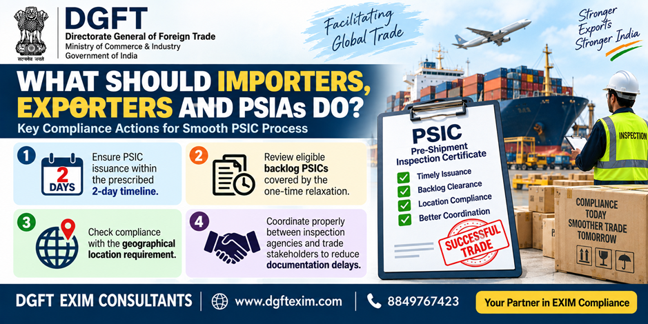 DGFT Trade Notice No. 28/2026-27 infographic highlights key compliance actions for importers, exporters, and PSIA agencies. The four recommendations include ensuring PSIC issuance within 2 days, reviewing eligible backlog PSICs under the one-time relaxation, complying with the geographical location requirement, and coordinating with inspection agencies to reduce documentation delays. The image features a PSIC checklist, shipping containers, a cargo ship, and an inspection professional.
