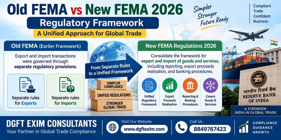 Old FEMA vs New FEMA 2026 regulatory framework infographic. It explains the shift from separate export and import rules under the old framework to a unified framework covering export and import of goods and services, export proceeds realisation, reporting, and banking procedures. The graphic highlights simpler compliance, unified regulations, stronger global trade, and features DGFT EXIM Consultants with website www.dgftexim.com and phone number 8849767423.