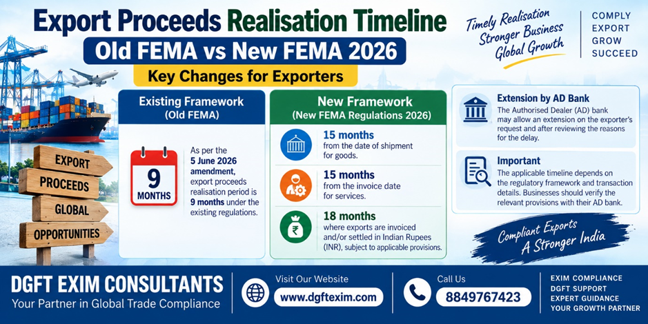 Infographic comparing export proceeds realisation timelines under Old FEMA and New FEMA Regulations 2026. Under the existing framework, the export proceeds realisation period is shown as 9 months as per the 5 June 2026 amendment. Under the new framework, the timeline is 15 months from the date of shipment for goods, 15 months from the invoice date for services, and 18 months where exports are invoiced and/or settled in Indian Rupees (INR), subject to applicable provisions. The infographic also notes that the Authorised Dealer (AD) Bank may extend the timeline after reviewing the exporter’s request and reasons for delay. DGFT EXIM Consultants branding, website www.dgftexim.com, and phone number 8849767423 appear at the bottom.