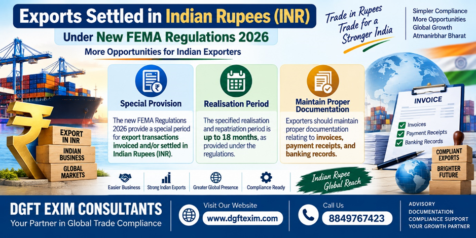 DGFT EXIM Consultants infographic on exports settled in Indian Rupees (INR) under New FEMA Regulations 2026, highlighting special provisions, 18-month realisation period, proper documentation, and opportunities for Indian exporters. Includes website www.dgftexim.com and contact number 8849767423.