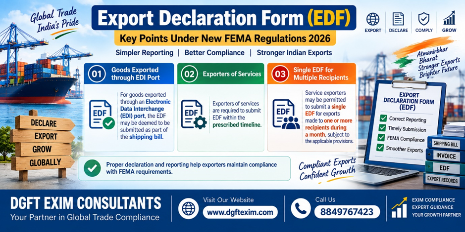 DGFT EXIM Consultants infographic explaining the Export Declaration Form (EDF) under New FEMA Regulations 2026. Highlights EDF submission for goods exported through EDI ports, service exporters' EDF requirements, and a single EDF for multiple recipients. Emphasizes proper declaration, timely reporting, FEMA compliance, and smoother exports. Includes website www.dgftexim.com and contact number 8849767423.