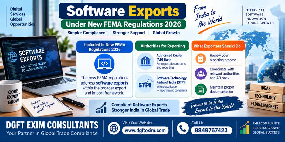 DGFT EXIM Consultants infographic explaining software exports under New FEMA Regulations 2026. Highlights software exports within the broader export and import framework, reporting through Authorised Dealer (AD) Banks and Software Technology Parks of India (STPI), and exporter compliance steps. Includes website www.dgftexim.com and contact number 8849767423.