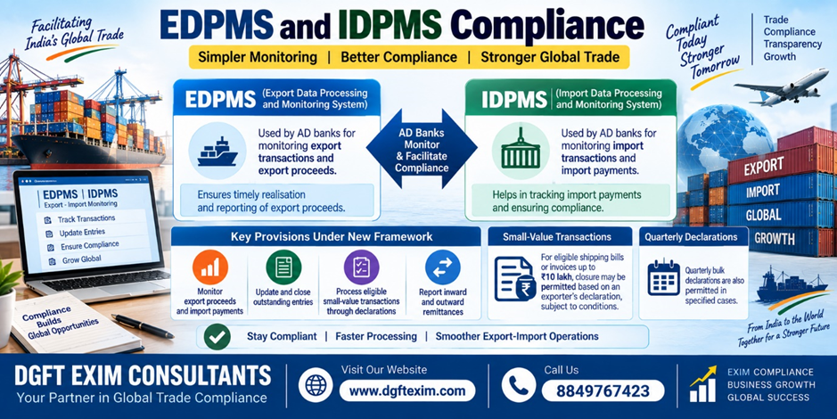 EDPM​S and IDPMS Compliance infographic by DGFT EXIM Consultants explaining export and import payment monitoring, AD bank compliance, small-value transactions, quarterly declarations, and smoother global trade operations. Website: www.dgftexim.com.