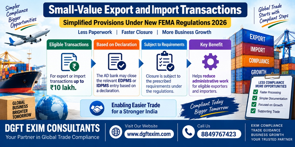 Small-Value Export and Import Transactions infographic by DGFT EXIM Consultants explaining simplified FEMA Regulations 2026, eligible transactions up to ₹10 lakh, AD bank declaration-based closure, compliance requirements, reduced paperwork, and faster processing. Website: www.dgftexim.com.