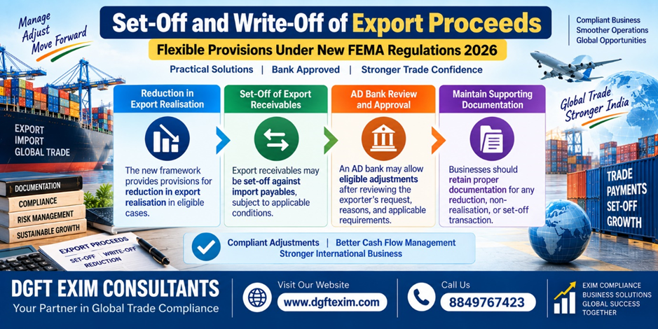 Set-Off and Write-Off of Export Proceeds under New FEMA Regulations 2026, featuring export realisation reduction, export receivables set-off, AD bank approval, and supporting documentation. DGFT EXIM Consultants provides export compliance guidance.