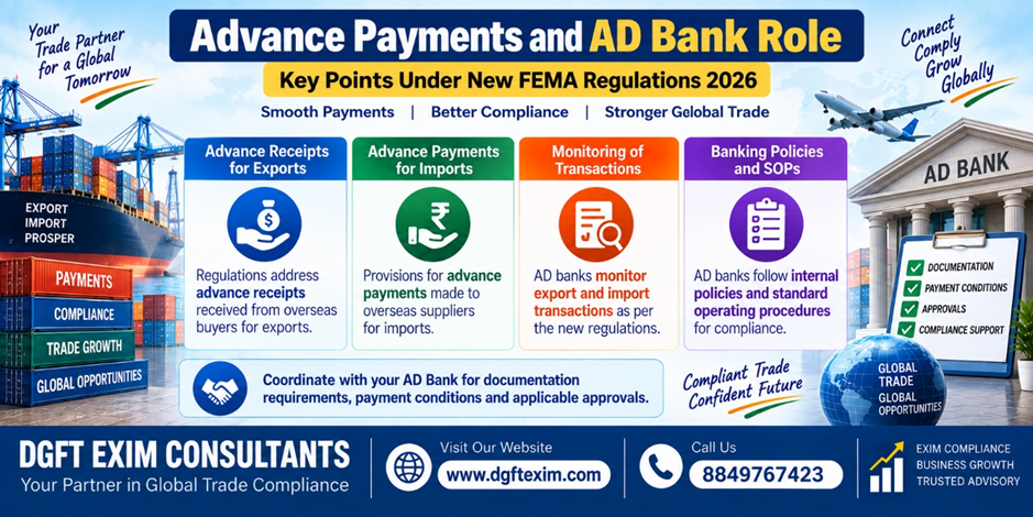 Advance Payments and AD Bank Role under New FEMA Regulations 2026, highlighting advance receipts for exports, advance payments for imports, transaction monitoring, and banking policies. DGFT EXIM Consultants provides export-import compliance guidance and AD bank coordination support.