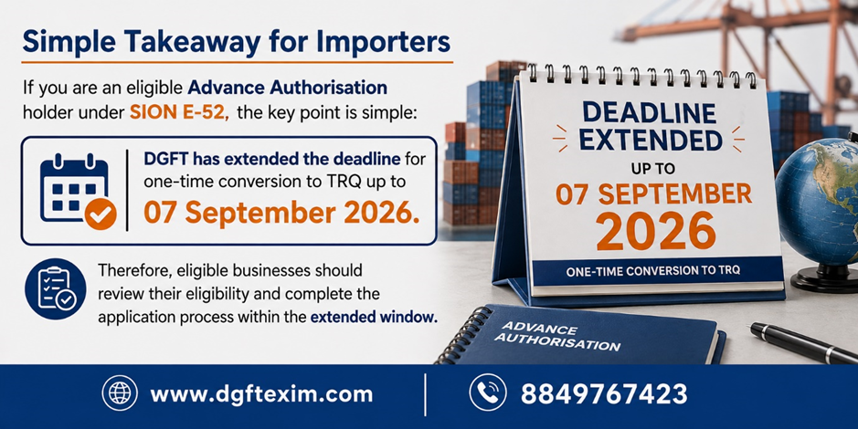 Promotional banner for importers stating that DGFT has extended the deadline for one-time conversion of eligible Advance Authorisation under SION E-52 to TRQ until 7 September 2026. The banner features a calendar, shipping containers, a “Deadline Extended” desk calendar, and an Advance Authorisation booklet.