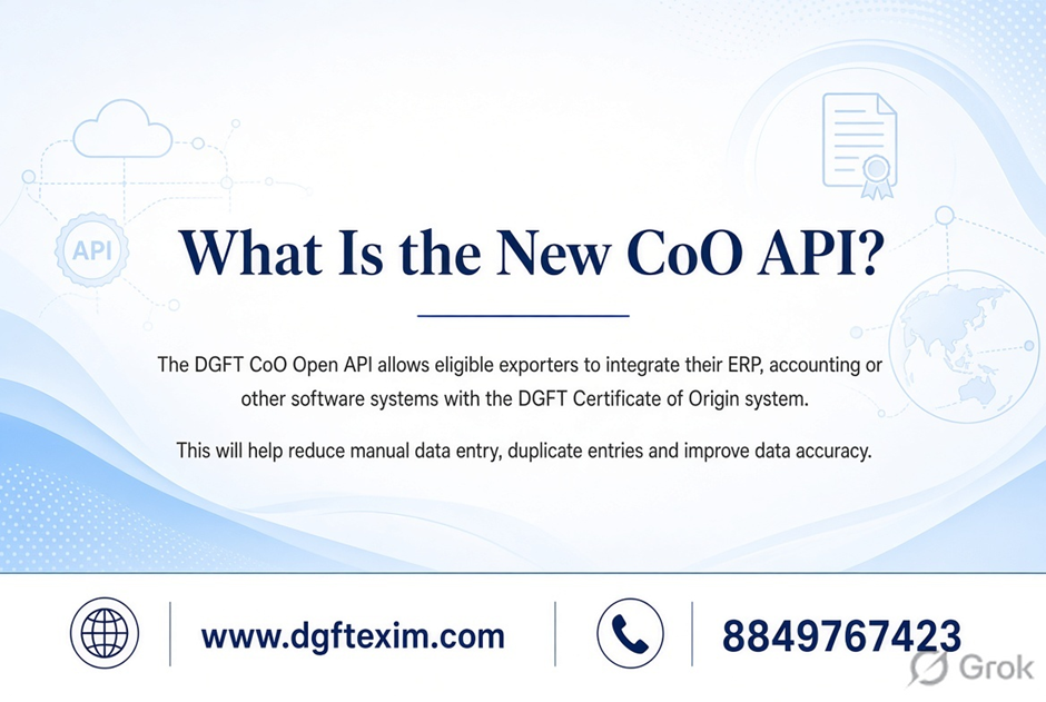 Informational graphic titled "What Is the New CoO API?" explaining that the DGFT CoO Open API allows eligible exporters to integrate ERP, accounting, or software systems with the DGFT Certificate of Origin system to reduce manual entry and improve data accuracy.