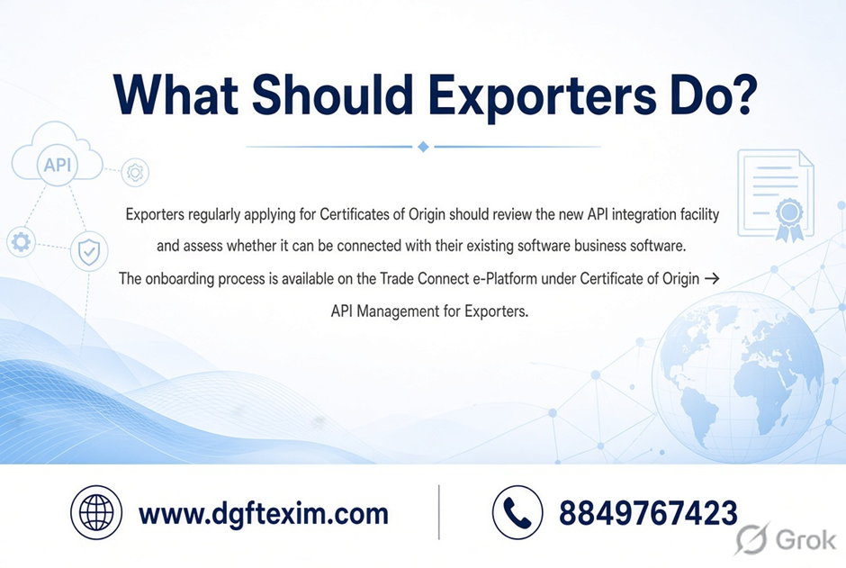Informational slide titled "What Should Exporters Do?" advising exporters regularly applying for Certificates of Origin to review the new API integration facility for their business software. Notes onboarding navigation on the Trade Connect e-Platform via Certificate of Origin to API Management for Exporters.